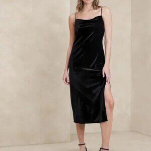 Banana Republic Black Velvet Strappy Cowl Neck Side Slit Midi Dress 12 NWT